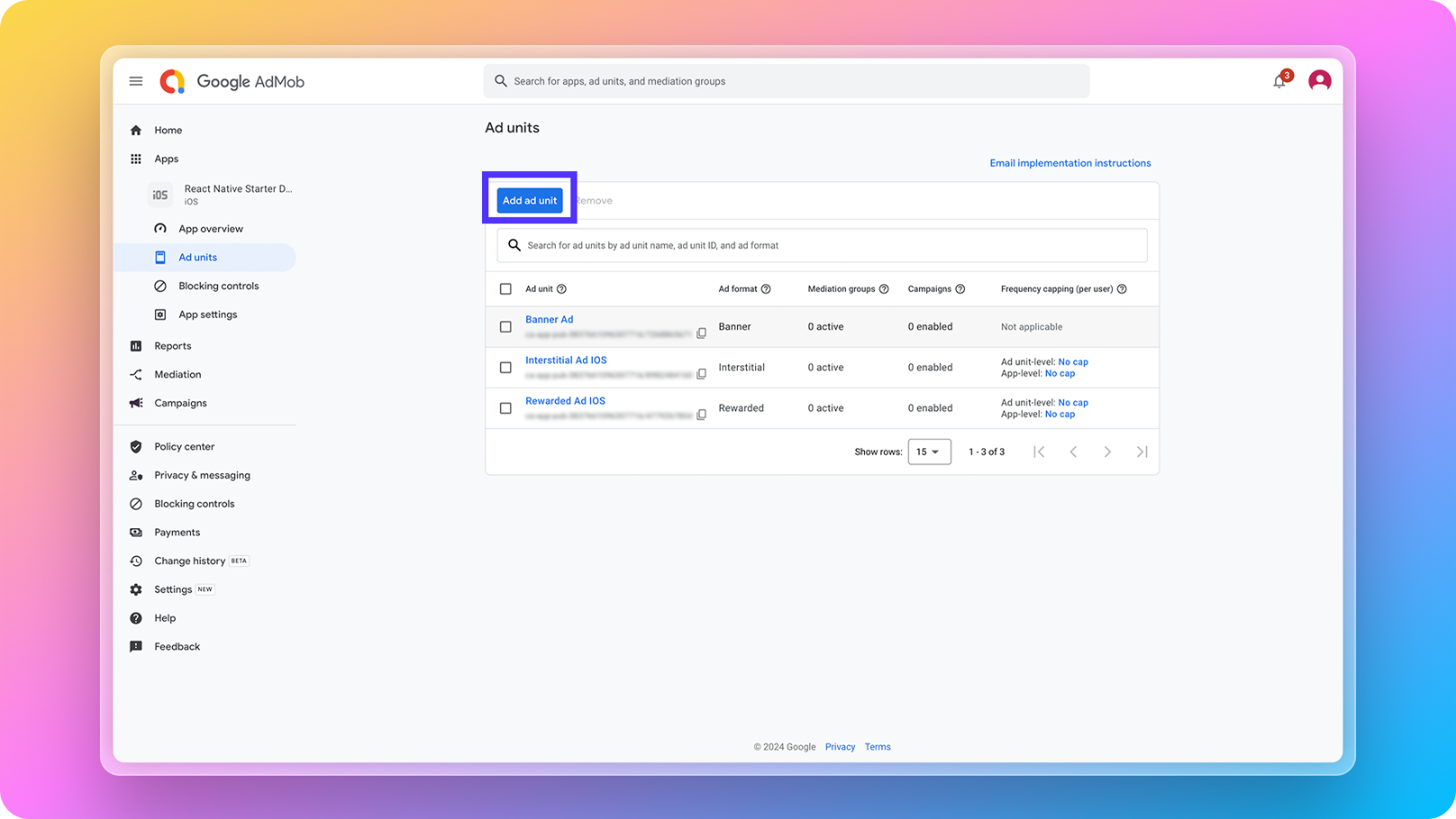 AdMob dashboard ad units listing page