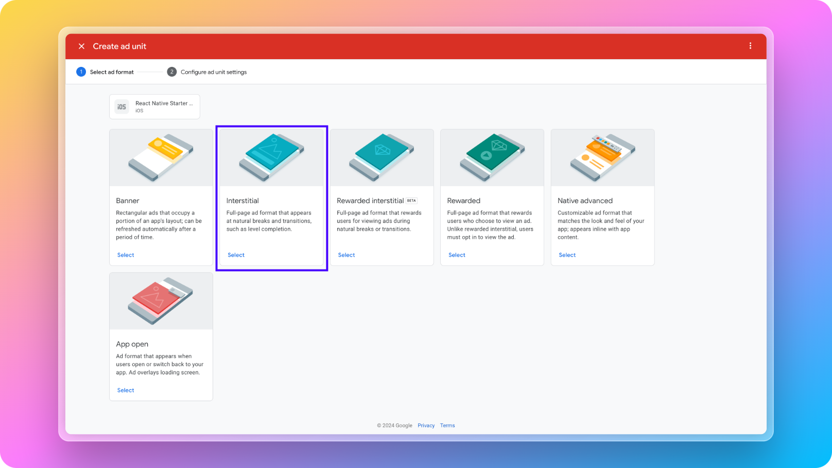 AdMob dashboard create interstitial ad unit page