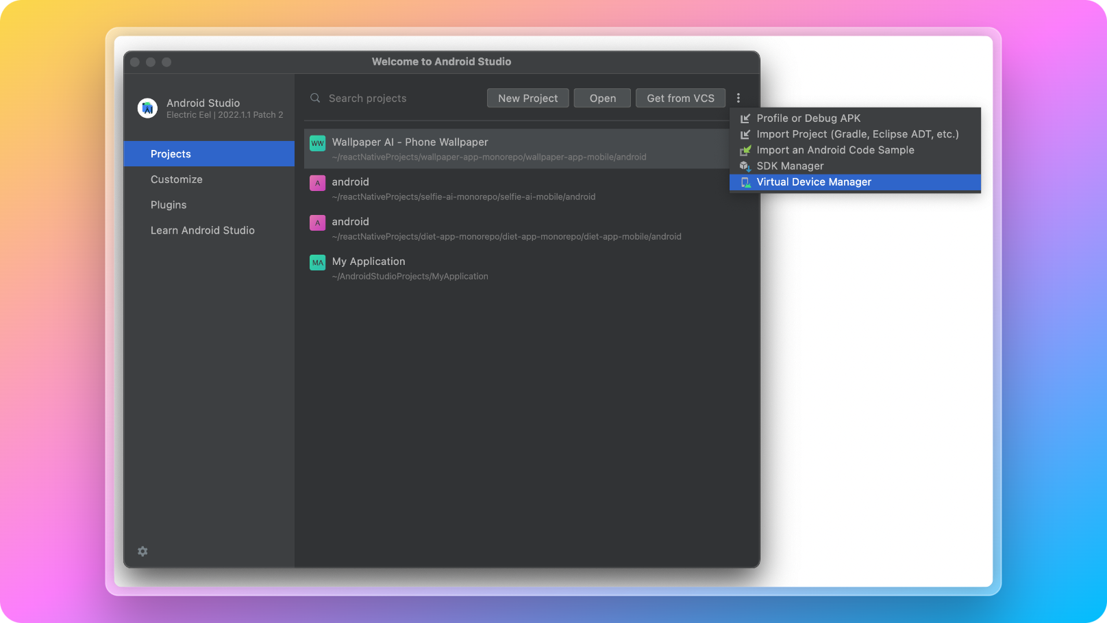 Opening Android Studio Virtual Device Manager