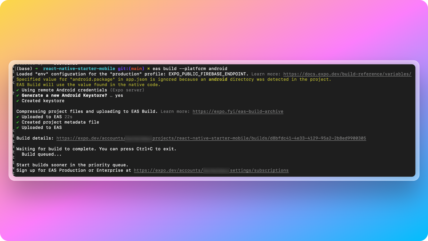 eas android build command output