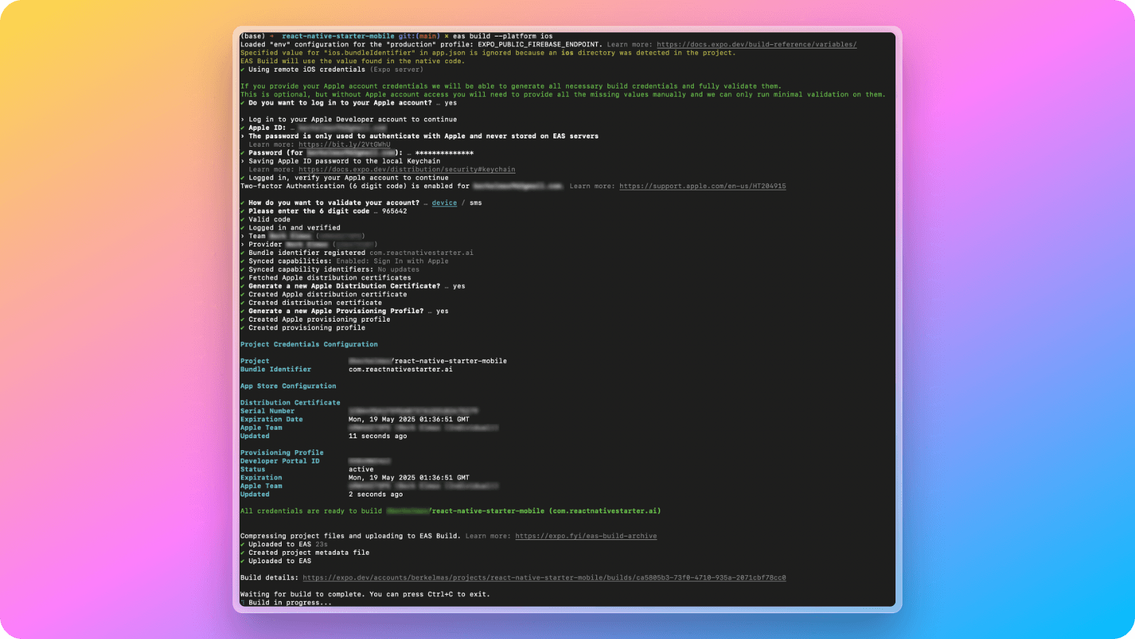 eas ios build terminal command with output