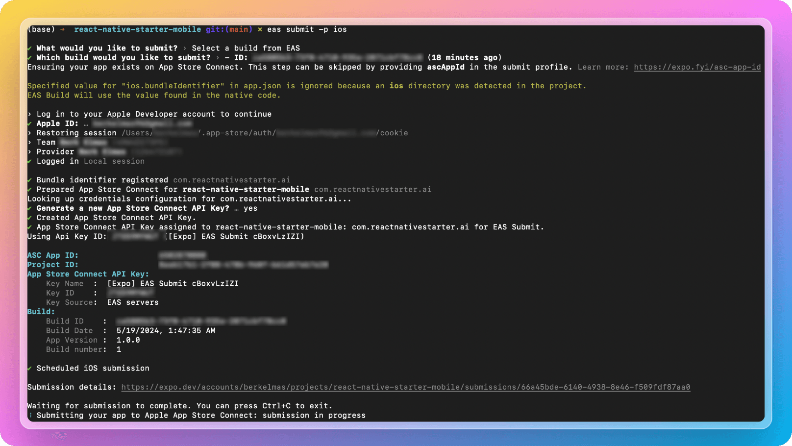 EAS iOS submit command output