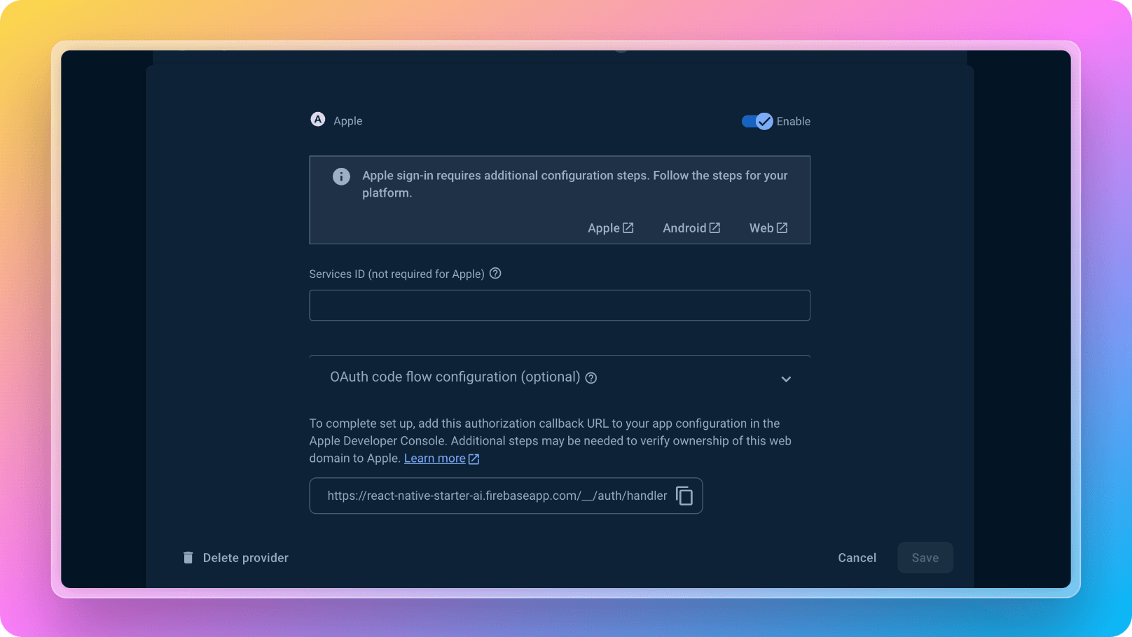 Firebase Apple Authentication Enabling