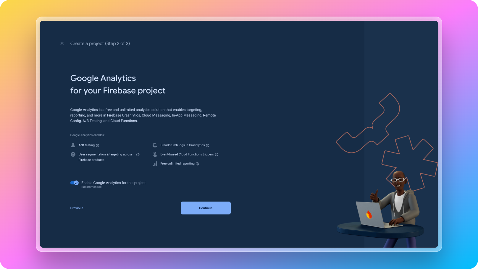 Firebase dashboard enable analytics while creating new project