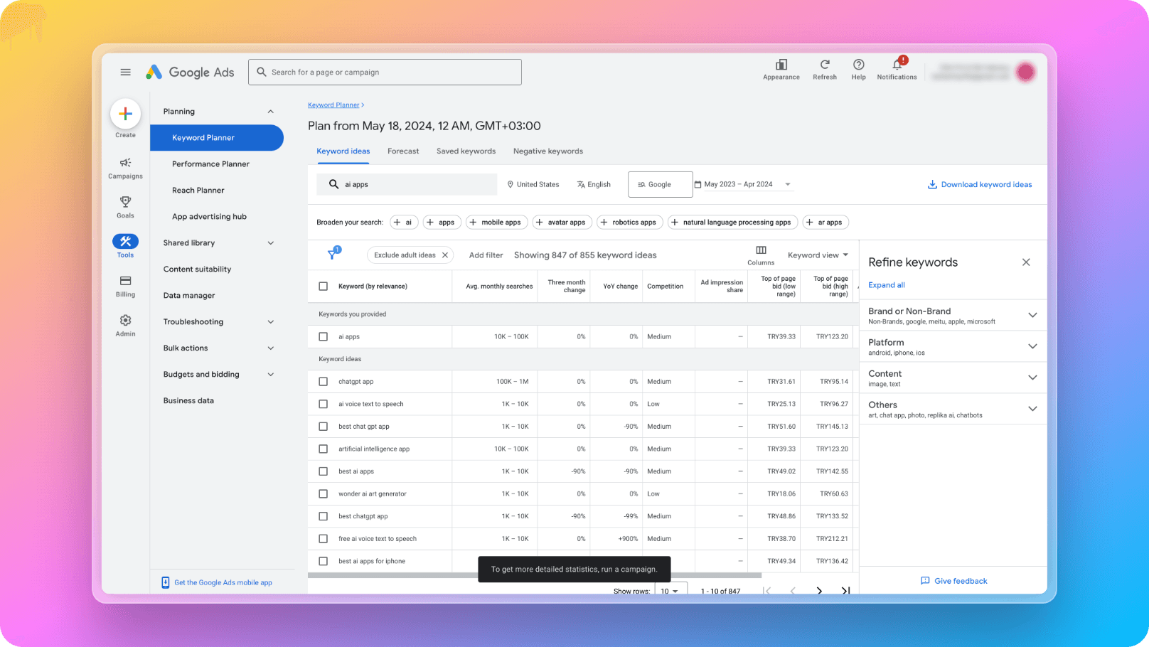 Google Keyword Planner AI Apps Search Dashboard