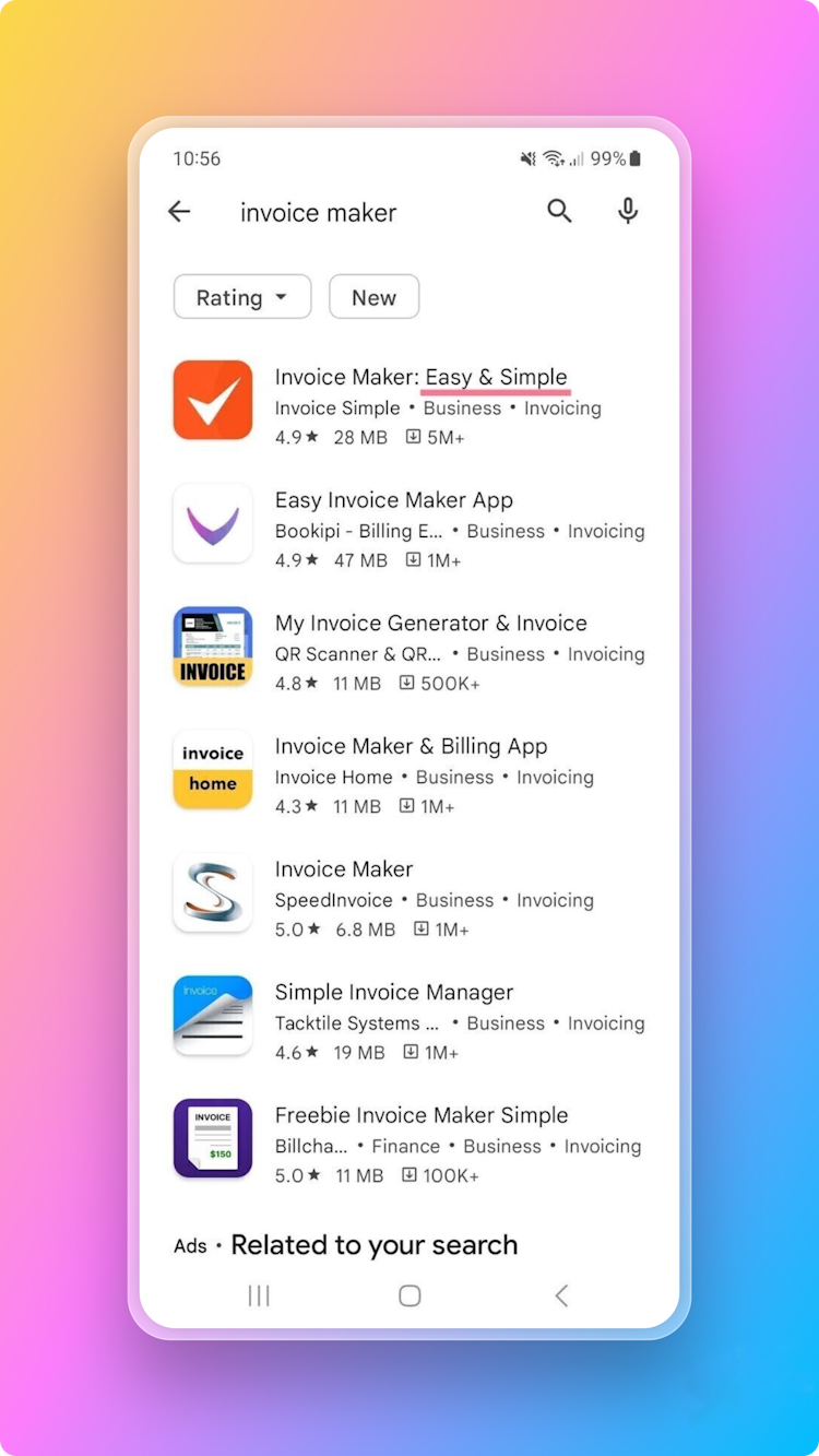 Invoice Maker app's listing on Google Play Store