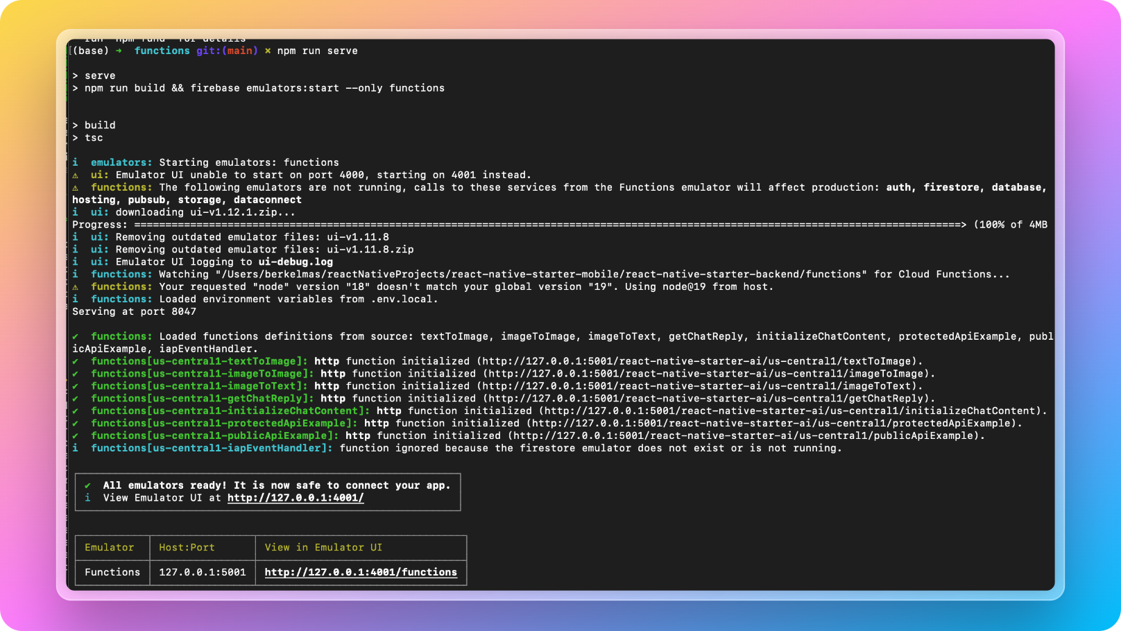 Serving firebase functions locally terminal output