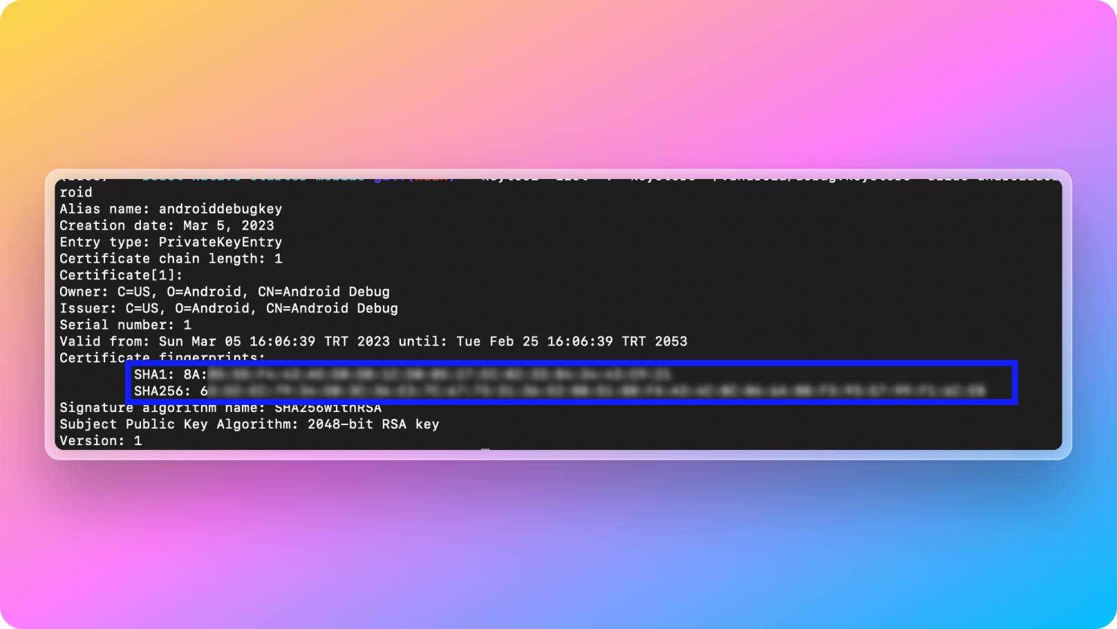 Getting Sha256 or Sha1 fingerprint for Firebase Android app in terminal window