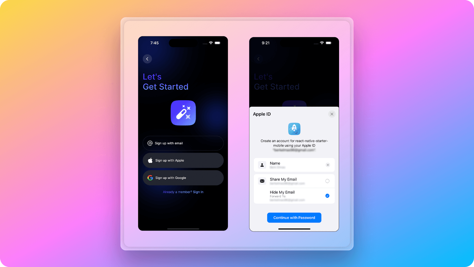 React Native Starter AI Apple authentication screens