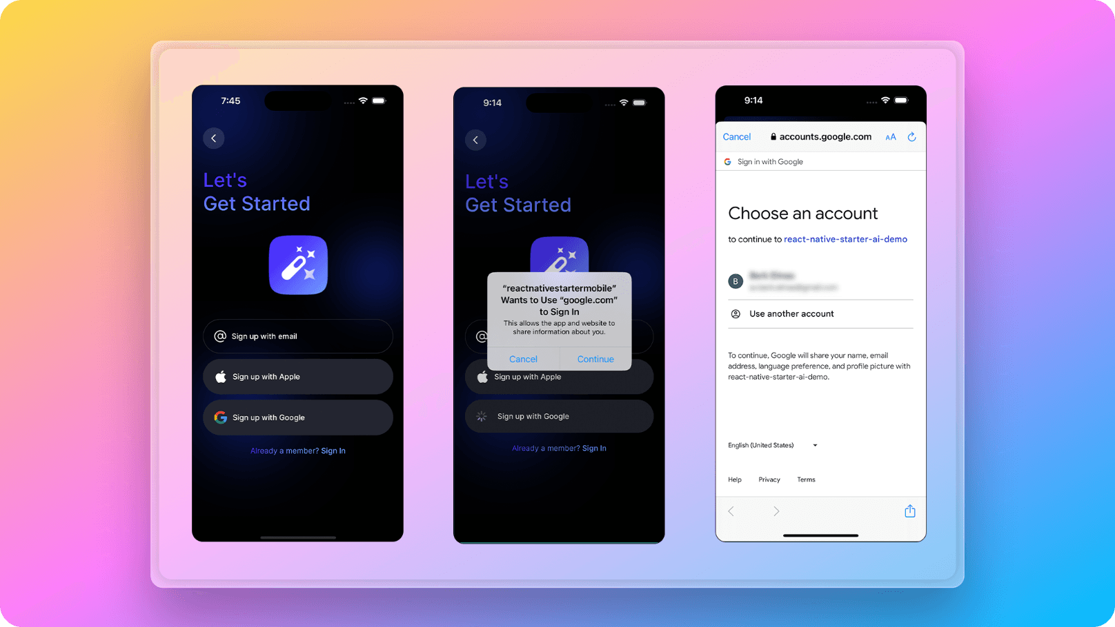 React Native Starter AI Google authentication screens