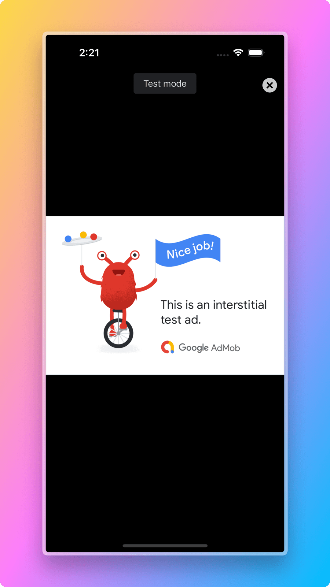 React Native Starter AI's dmeo app showing interstitial test ad